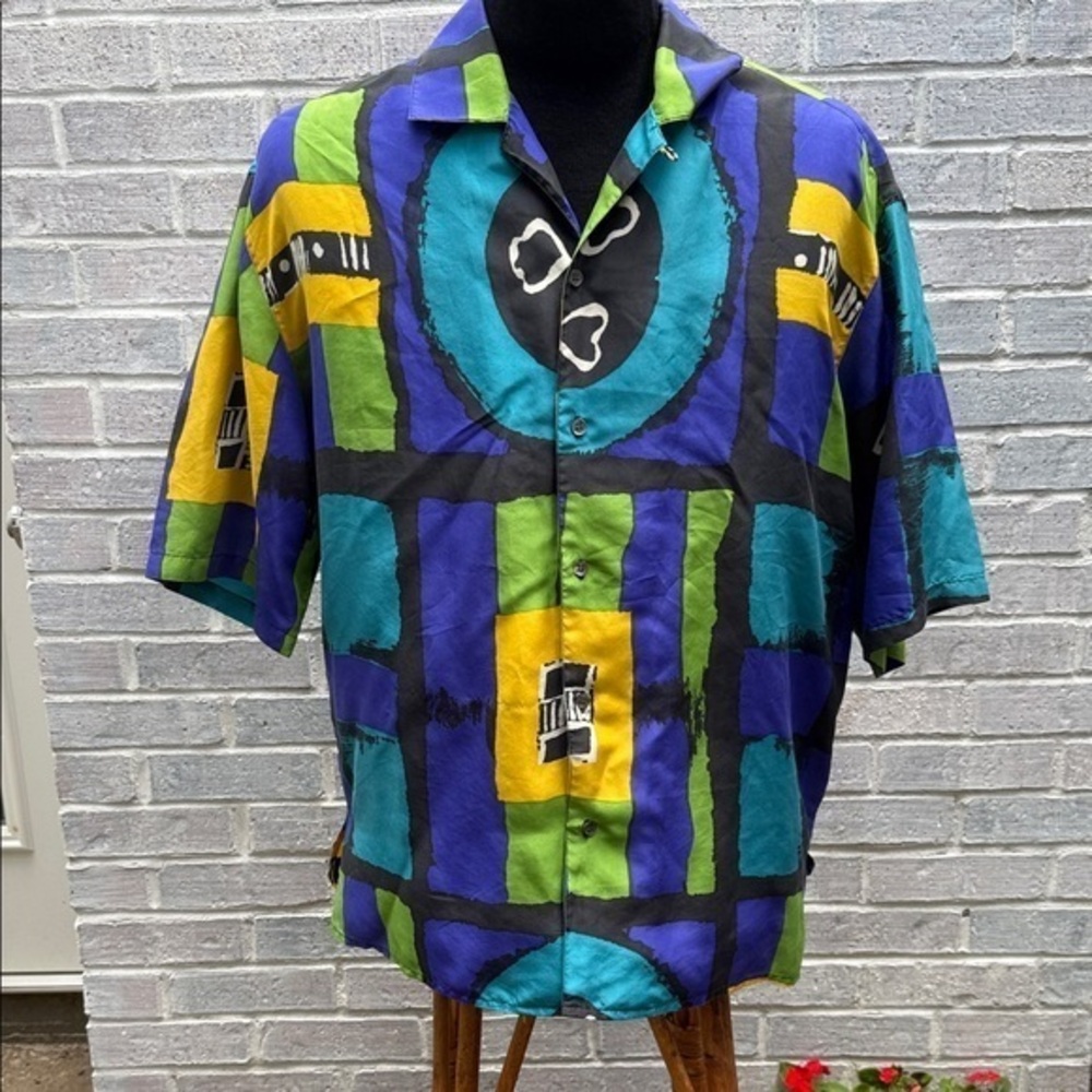 Vintage Nieman Marcus Silk Abstract Retro Hipster Camp Shirt Large